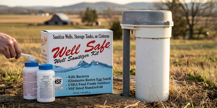 Well Safe kit beside a residential well head in a field