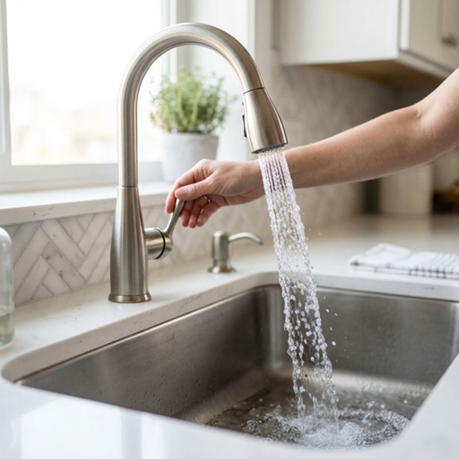 Clear water running from a kitchen faucet after treatment